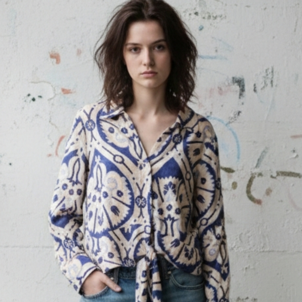 Christian Siriano Blue Pink Boho Blouse Tie Bottom Festival Linen Blend L